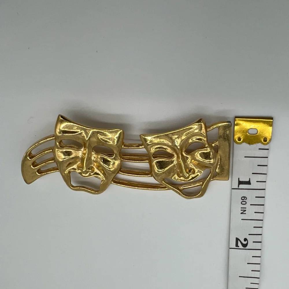 Vintage‎ Gold Tone Theater Mask Brooch – Comedy Tragedy Abstract Art Pin 3